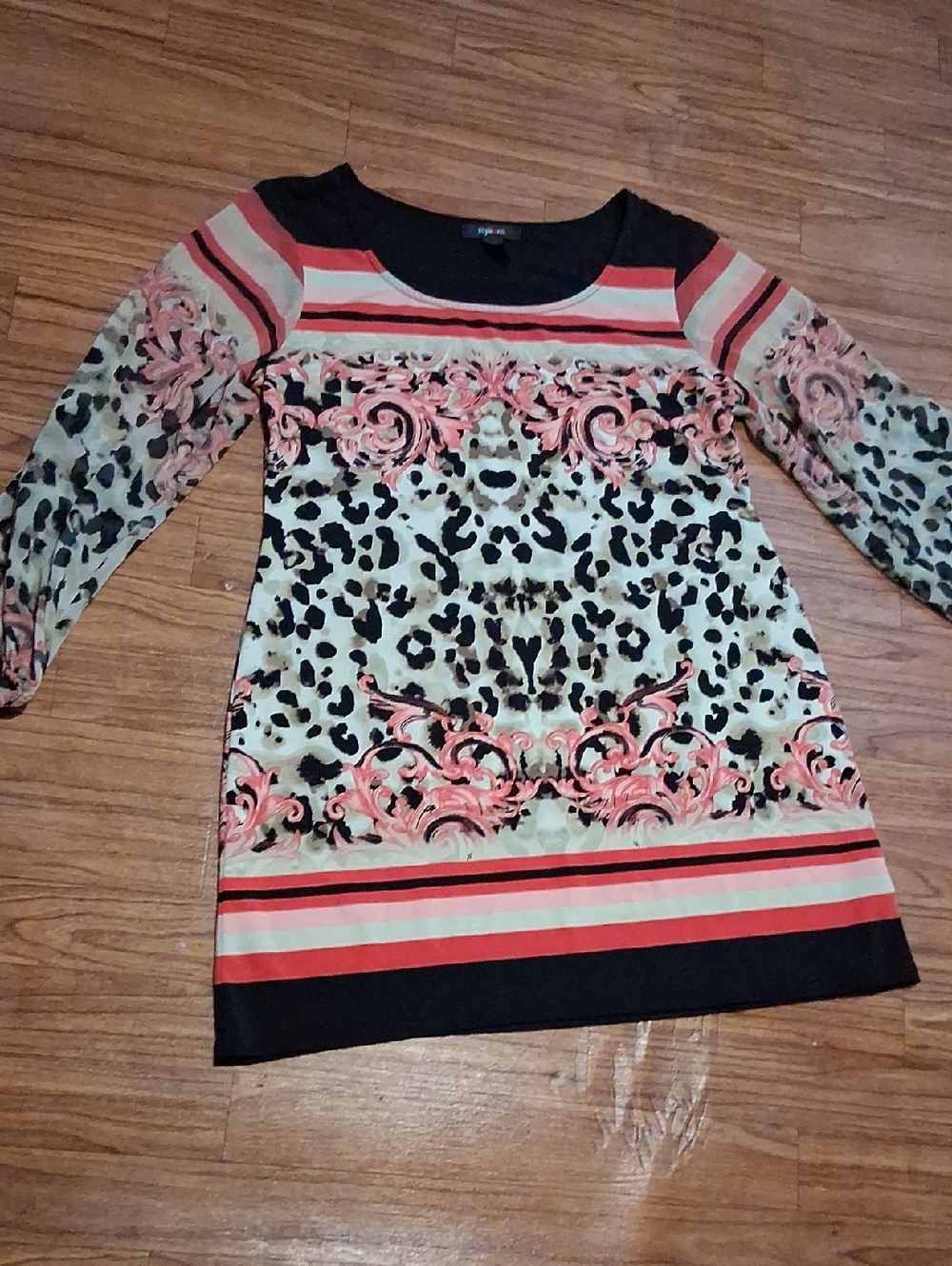 Style & Co. Coral, Black & Cream Patterned Long Sleeve Dress